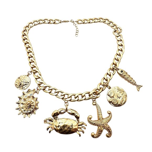 Sea Beach Vacay Starfish Crab Sea Shell Gold Tone Statement Necklace New - Picture 1 of 4